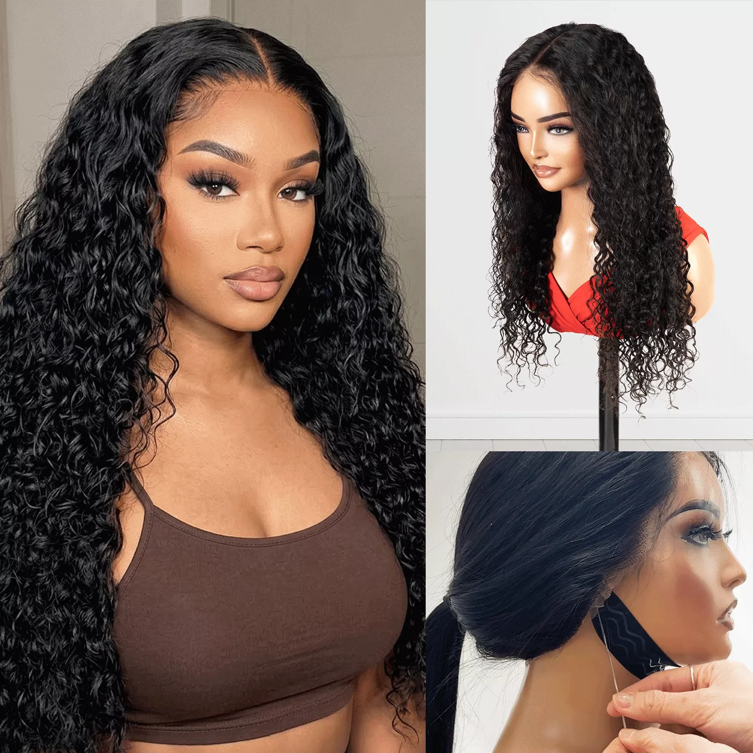 100% Human Hair Flexible Fit Pre-Cut Invisible Drawstring 360 Glueless Lace Wig Water 28″