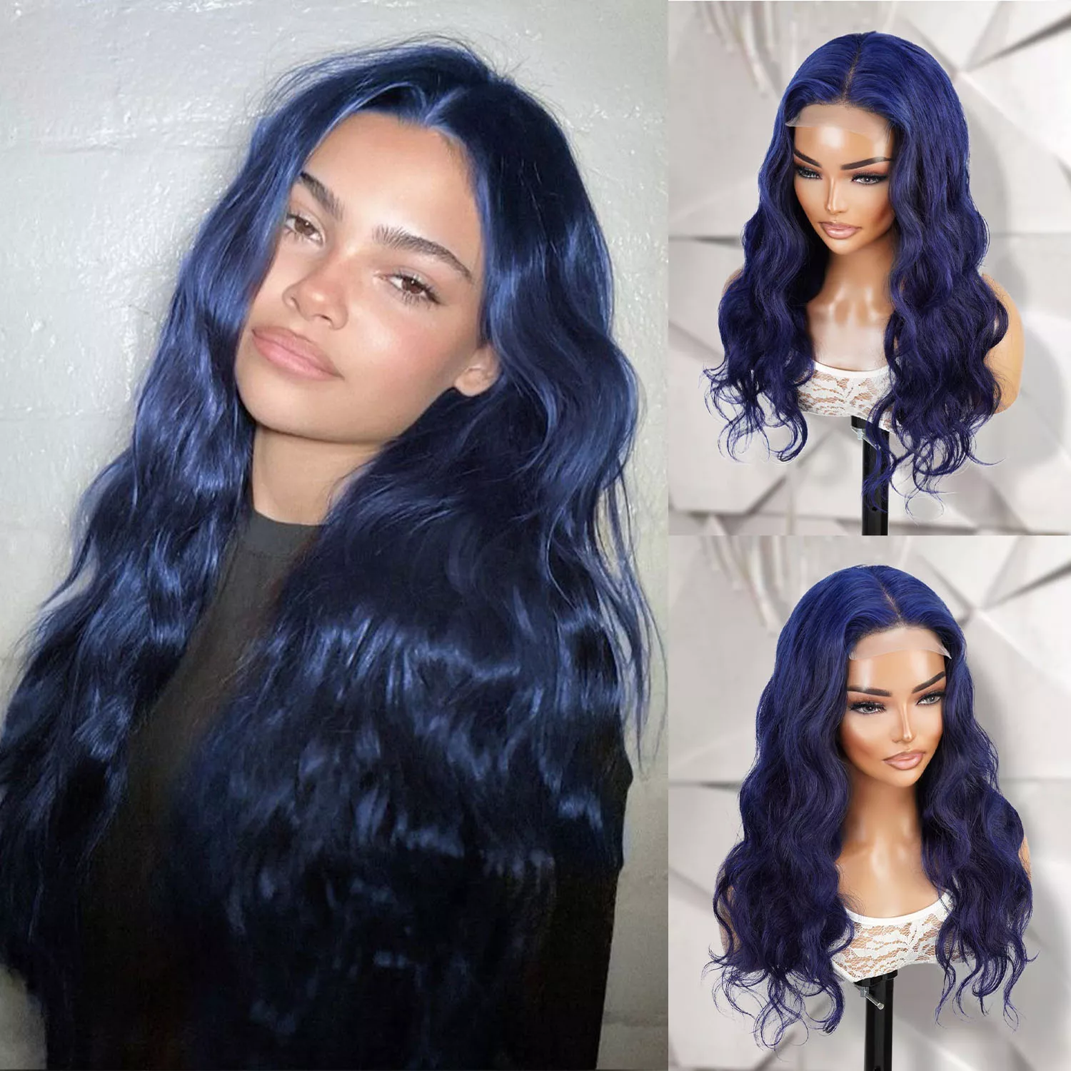 100% Human Hair Pre Plucked Glueless 4×4 Closure Wig Body Wave Blue 20″