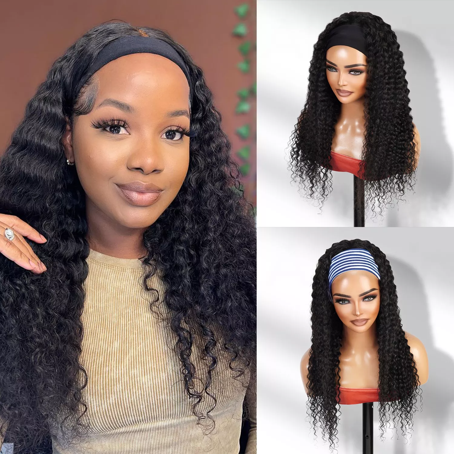 100% Human Hair Wear and Go Glueless Headband Wigs Deep Wave Natural 24″