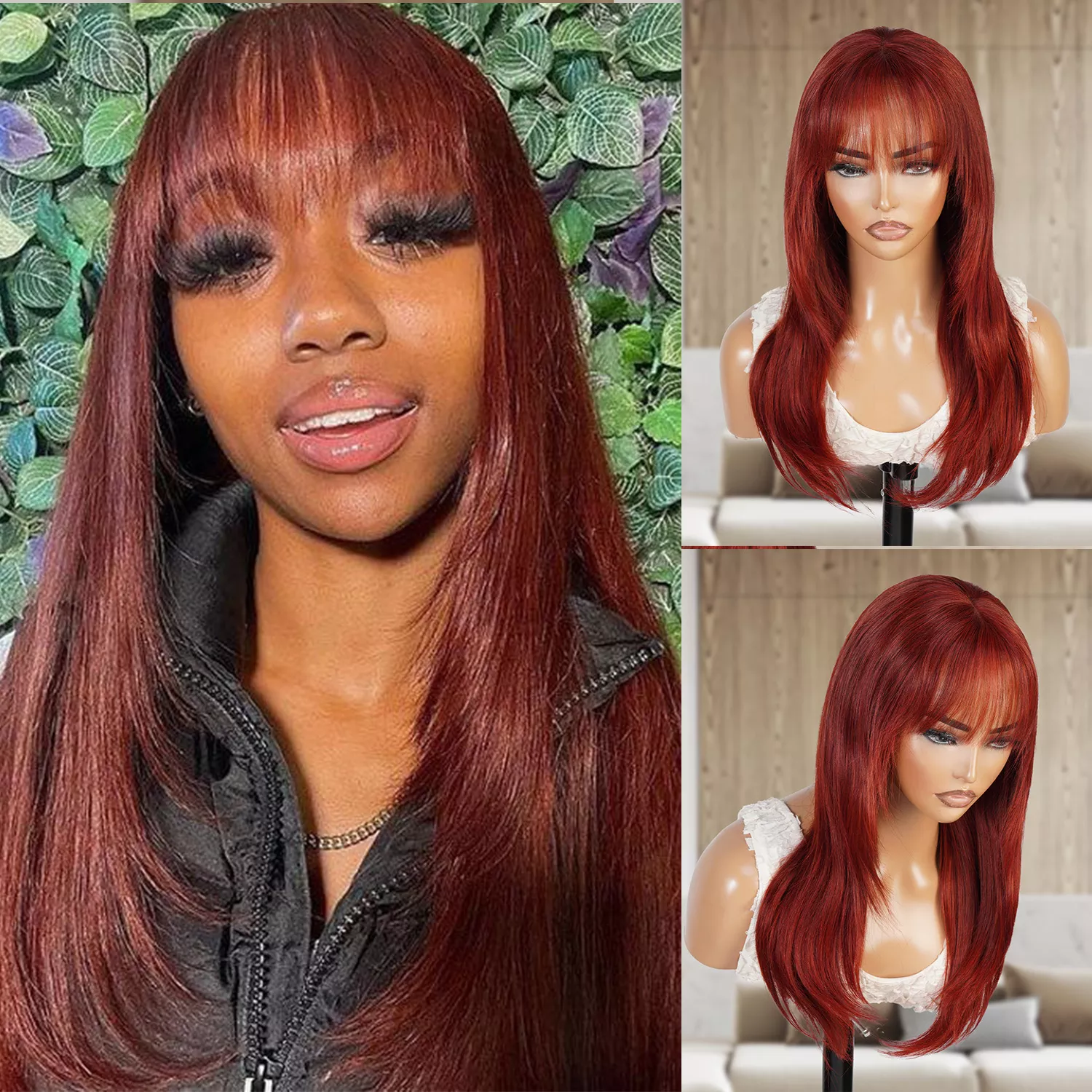100% Human Hair Wear and Go Pre Cut Pre Plucked Glueless 13×4 Lace Front Wig Layered Straight with Bang #33 18″