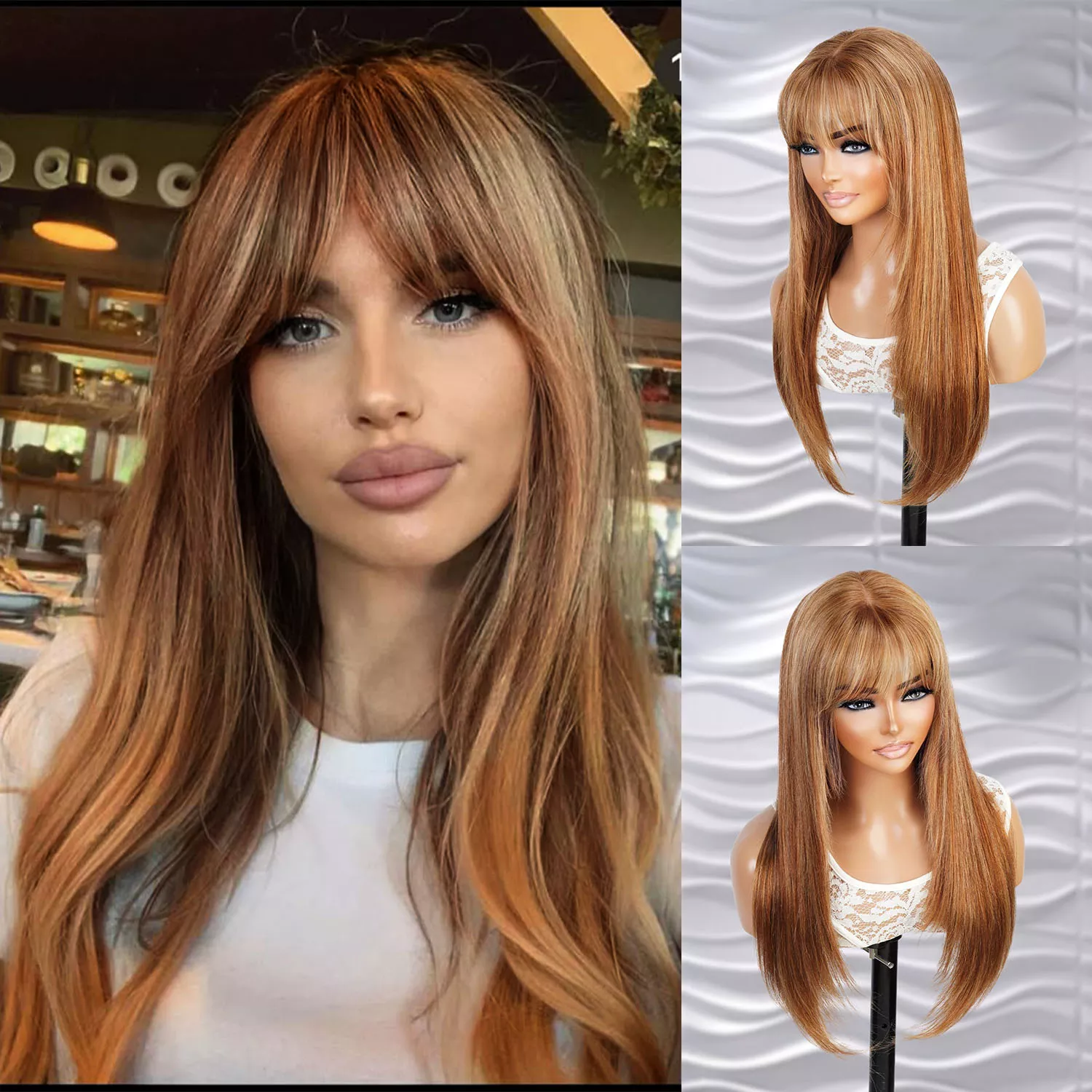 100% Human Hair Wear and Go Pre Cut Pre Plucked Glueless 13×4 Lace Front Wig Straight with Bangs Highlight Honey Brown 24″