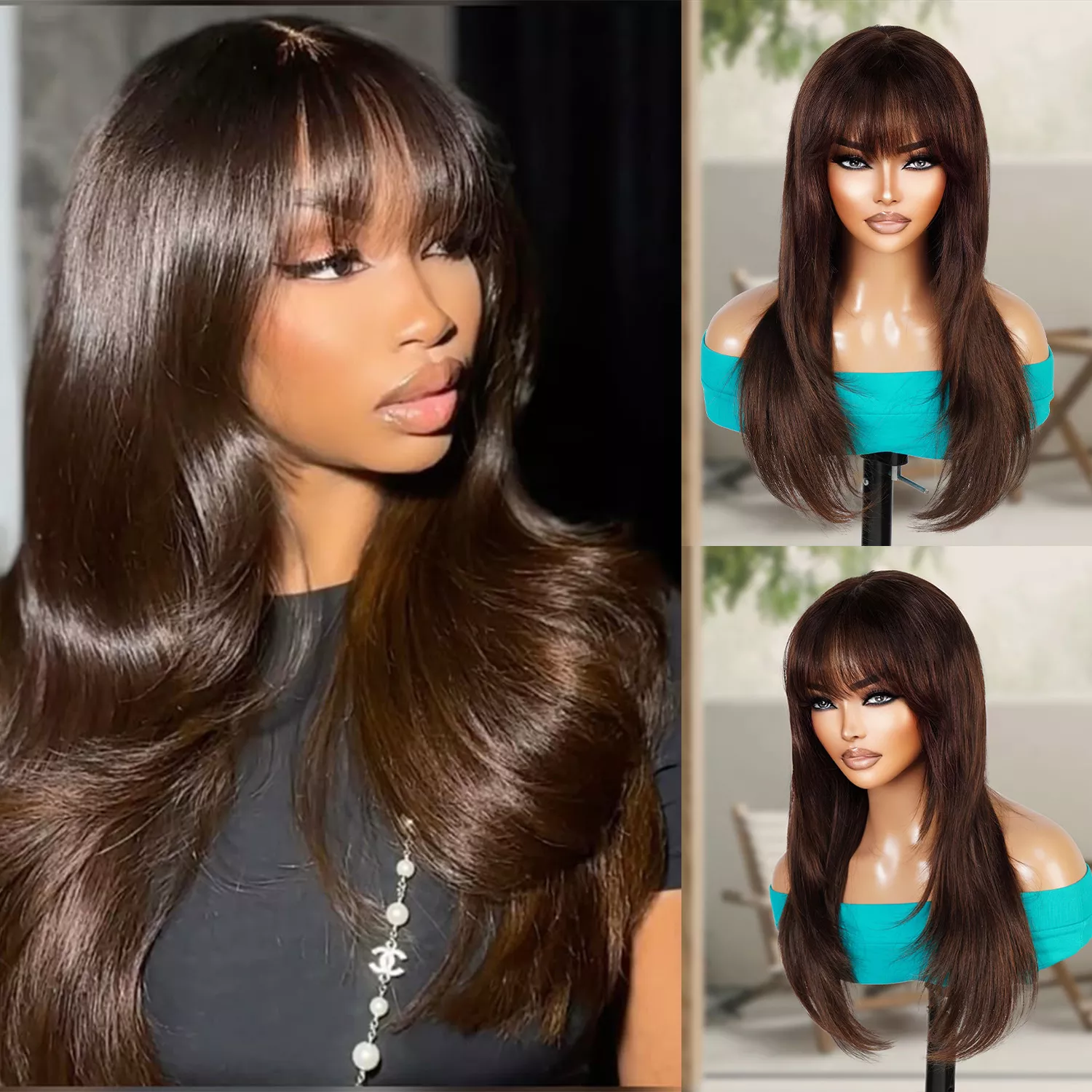 100% Human Hair Wear and Go Pre Cut Pre Plucked Glueless 13×5 Lace Front Wig Straight with Bang Brown 22″