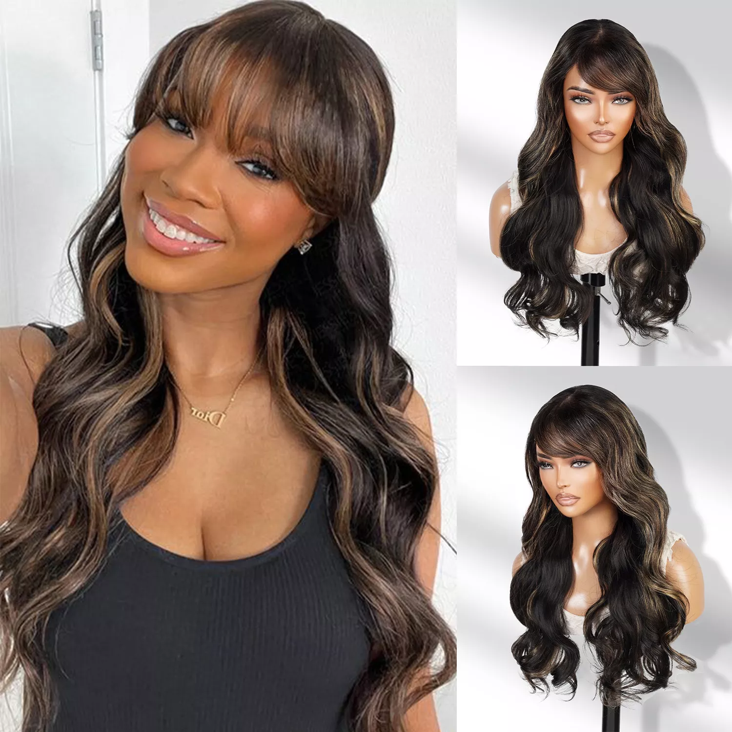 100% Human Hair Wear and Go Pre Cut Pre Plucked Glueless 7×5 Closure Wig Body Wave with Bang TP1B/27 22″