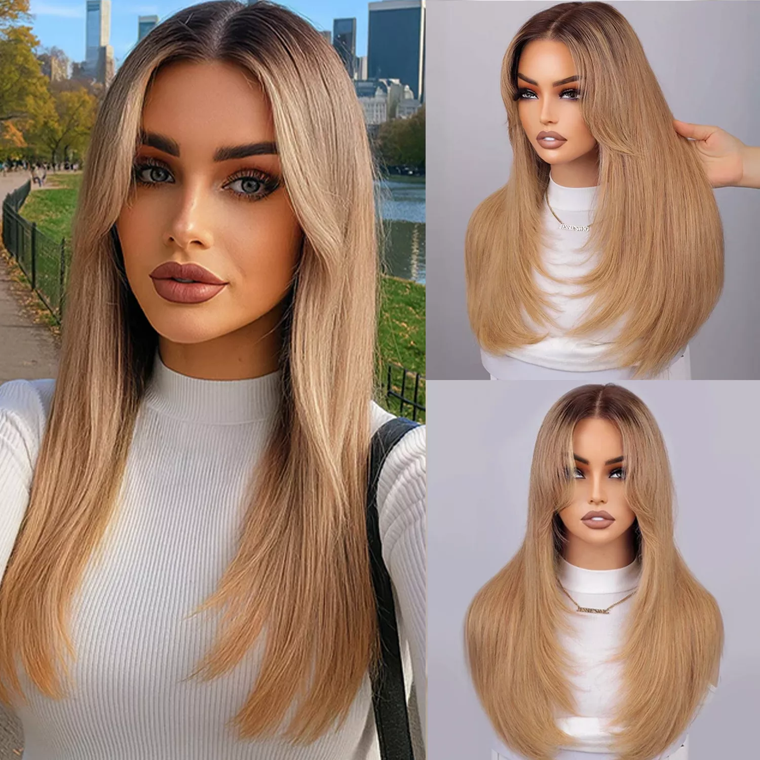100% Human Hair Wear and Go Pre Cut Pre Plucked Glueless 7×5 Closure Wig Layered Blow Out with Curtain Bangs Natural 16″