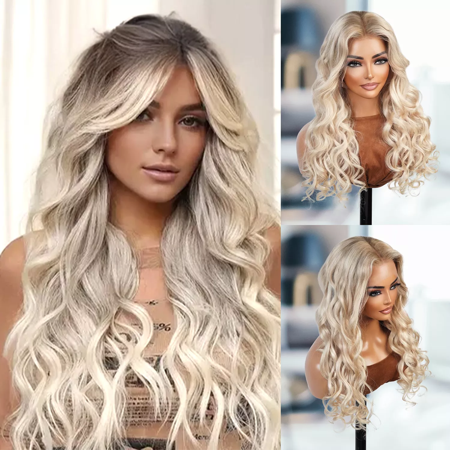 100% Human HairGlueless 13×4 Lace Front Wig Long Wavy Ombre Blonde 26″