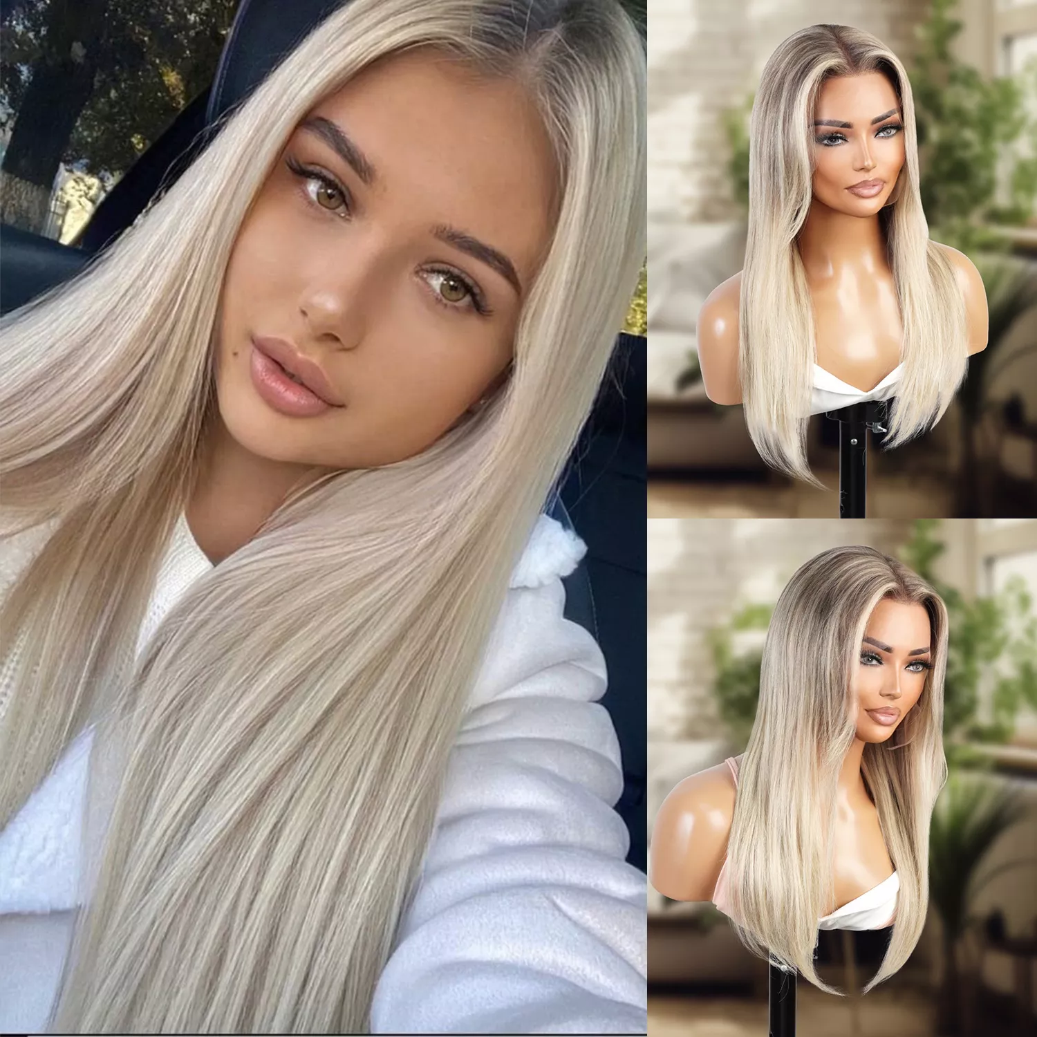 100% Human HairGlueless 13×4 Lace Front Wig Straight With Curtain Bangs Piano Ash Blonde Balayage20″