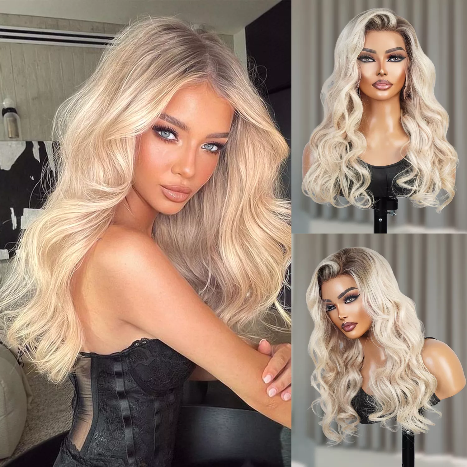 100% Human HairGlueless 13×4 Lace Front Wig Wavy Brown Ash Blonde Highlights 22″