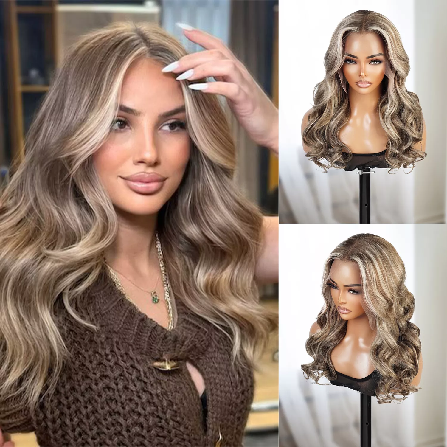 100% Human HairGlueless 13×4 Lace Front Wig Wavy Golden Blonde with Soft Babylights 22″