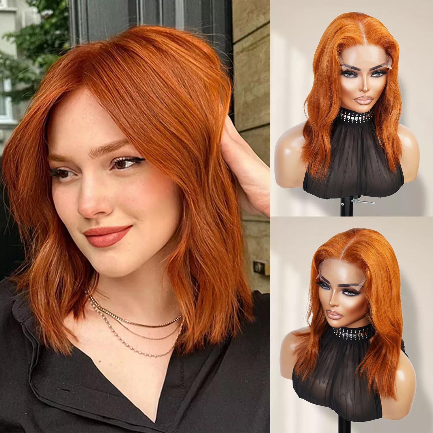 100% Human HairGlueless 5×5 Closure Wig Beach wave Copper Ginger 14″