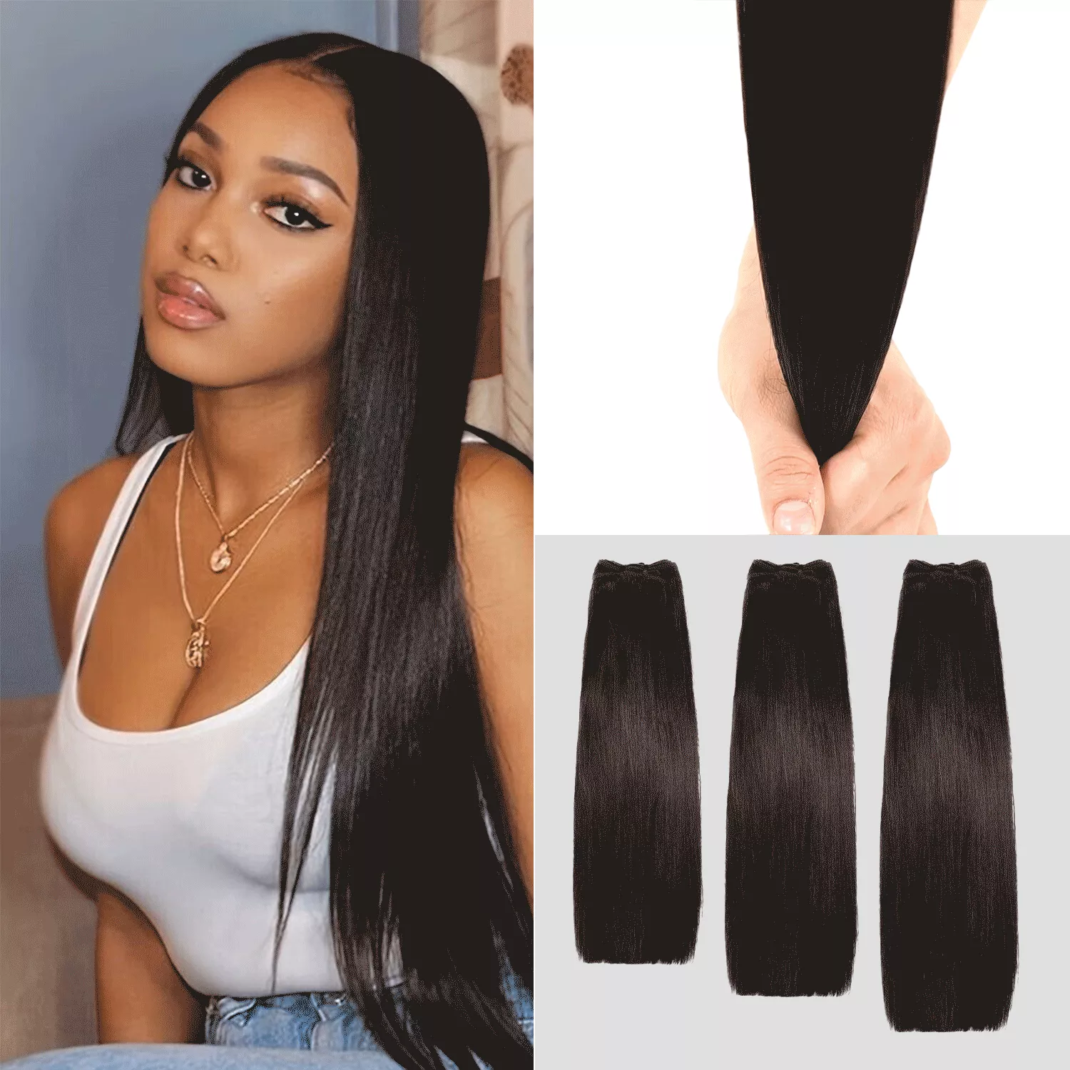 300g UpScale 15A Super Double Drawn Virgin Human Hair Silk Pressed Bone Straight Natural 3pcs(10″-28″)