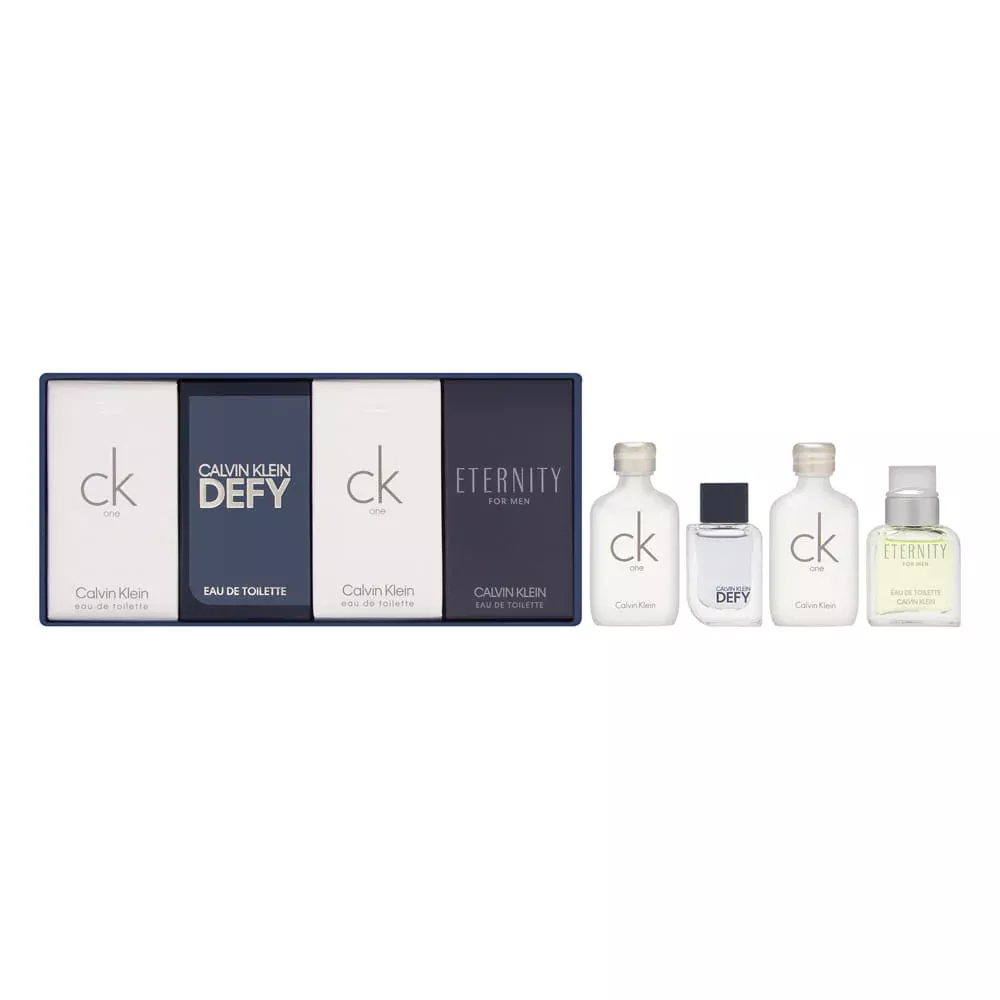 Calvin Klein Travel Exclusive Miniature Collection for Men 4 Piece Set Includes: CK One 2 x 0.33 oz Eau de Toilette + Calvin Klein Defy 0.16 oz Eau de Toilette + Eternity 0.33 oz Eau de Toilette