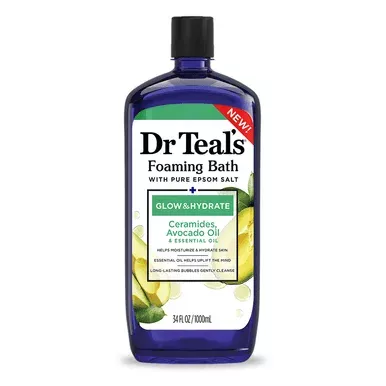 Dr Teals Foaming Bath with Pure Epsom Salt Glow and Hydrate Ceramides Avocado and Essential Oil Moisturizing and Hydrating Skin 34Oz (1000m