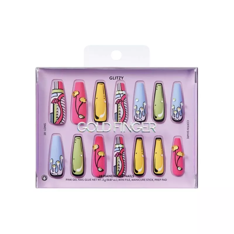 GLITZY 3D HANDMADE PRESS-ON NAILS IN COUNTENANCE – 2X-LONG COFFIN FAKE NAILS