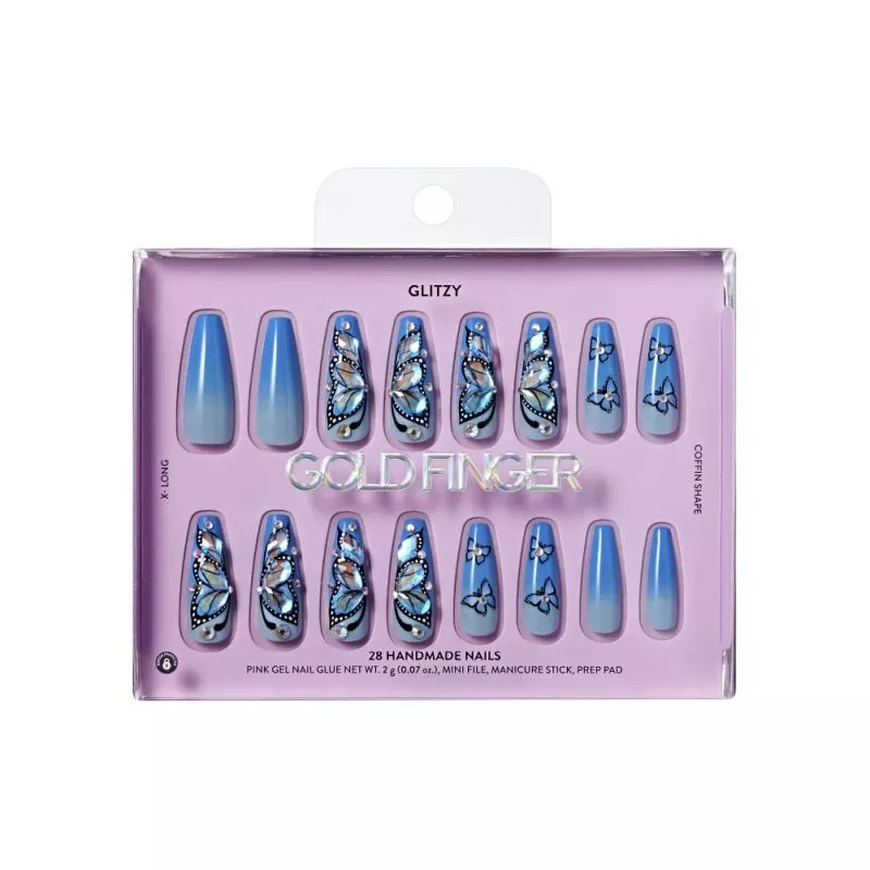 GLITZY 3D HANDMADE PRESS-ON NAILS IN HEAVENLY – X-LONG COFFIN FAKE NAILS - GFH14