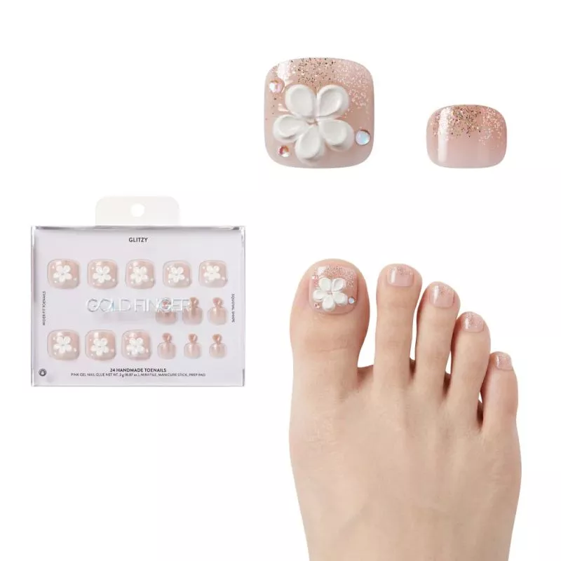GLITZY 3D HANDMADE PRESS-ON TOENAILS IN STERLING SQUOVAL FAKE TOES - GFHT01