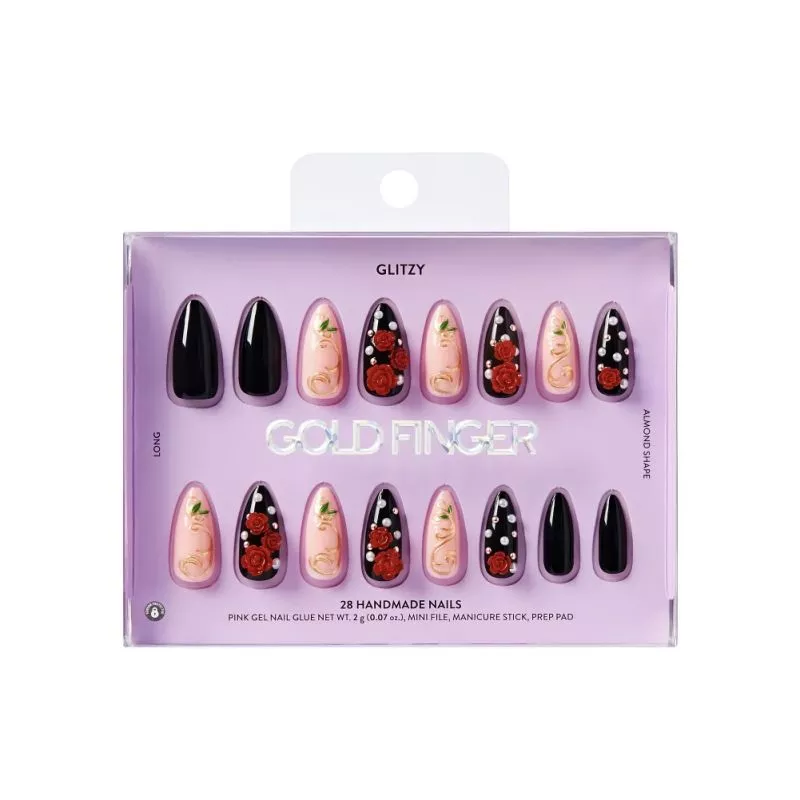 GLITZY 3D PRESS-ON NAILS IN VALUABLE – LONG ALMOND FAKE NAILS - GFH16