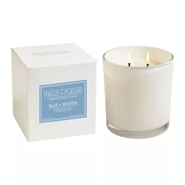 HILLHOUSE NATURALSFIELD + FLEUR2-WICK CANDLE IN WHITE GLASS - BLUE SEASIDE