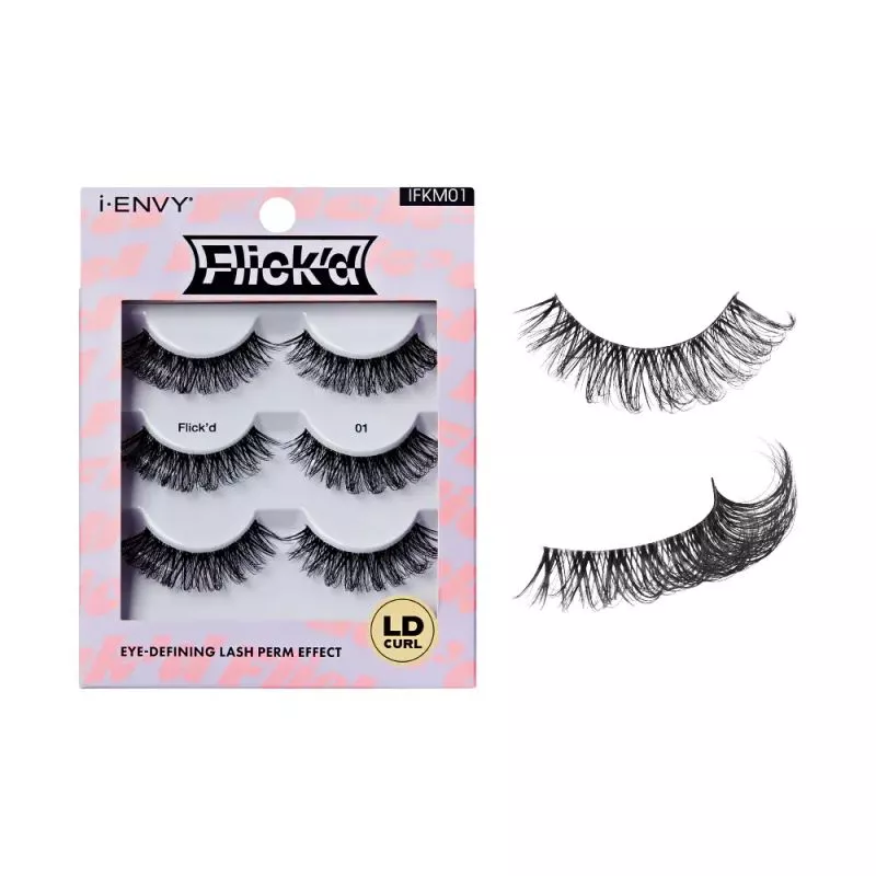 I-ENVY FLICK’D LD CURL STRIP LASHES – 3 PAIRS FLUFFY WISPY MULT PACK [IFKM01]
