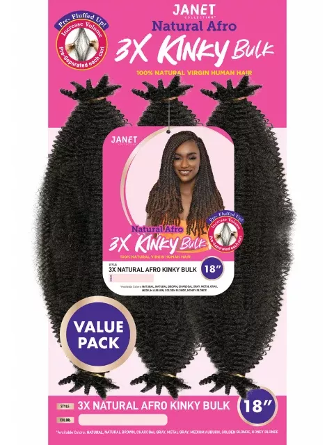 Janet Collection 100% Human HairPre-Fluffed Natural Afro 3X Kinky Bulk 18″