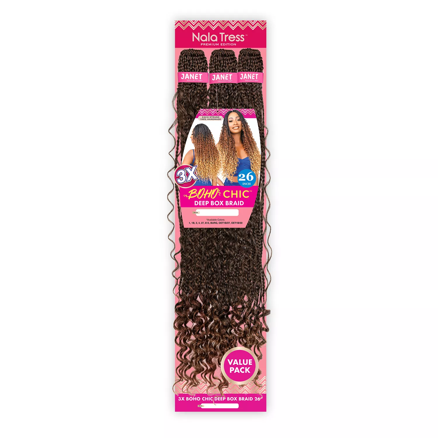 Janet Collection Crochet Braids Nala Tress 3X Boho Chic Box Deep Braid 26"