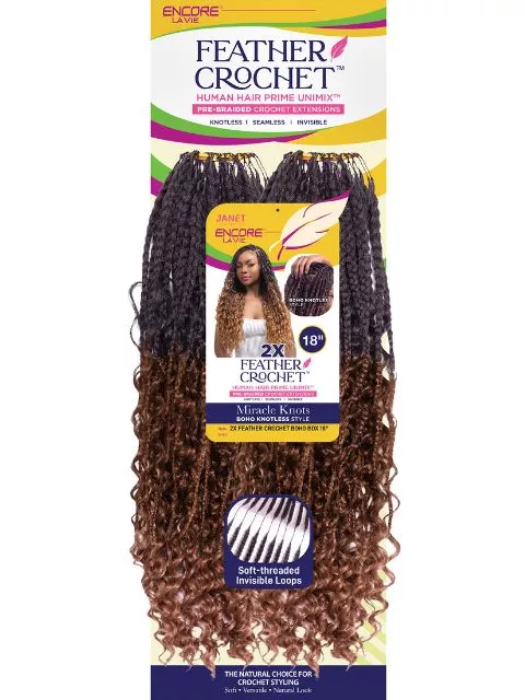 Janet Collection Human Hair Blend Encore Lavie Feather Crochet 2X BOHO BOX Pre-Braided Knotless Crochet Hair 18″