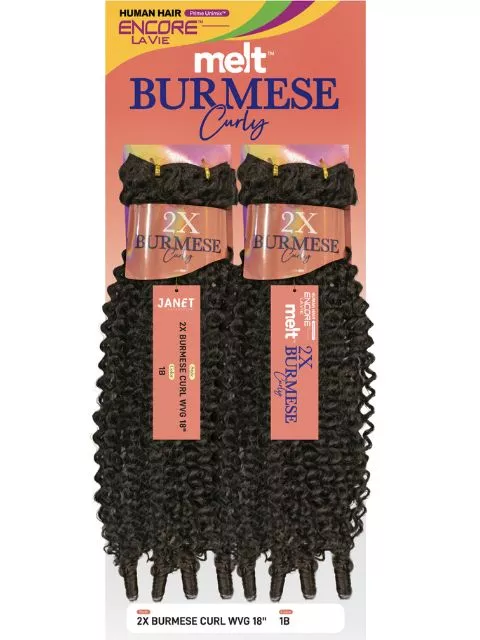 Janet Collection Human Hair Blend Encore Lavie Melt 2X BURMESE CURL Weave 18″