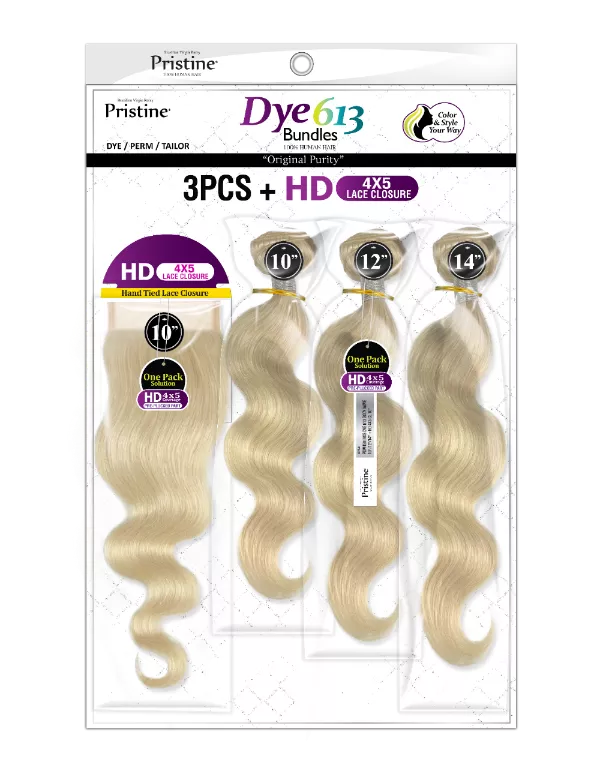 MANE CONCEPT PRISTINE DYE 613 BODY WAVE 3PCS+ HD 4X5 CLOSURE - PDW4501