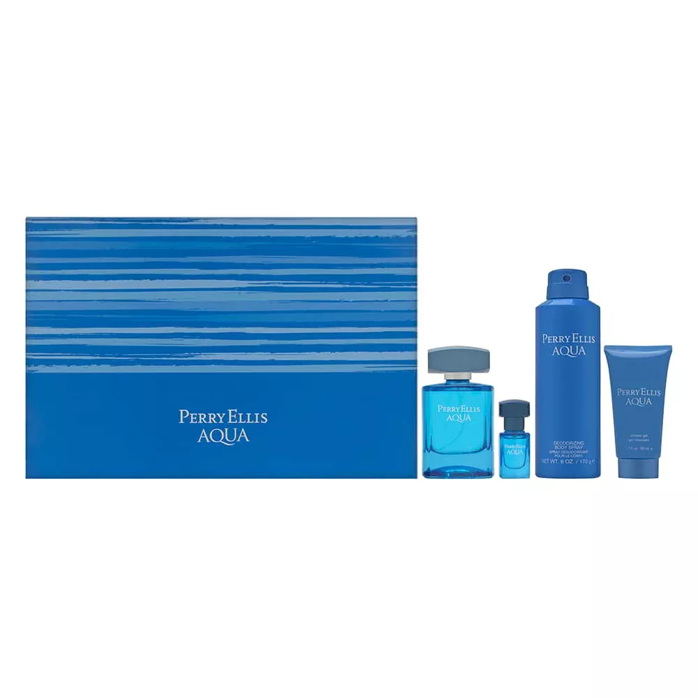 Perry Ellis Acqua for Men 4 Piece Set Includes: 3.4 oz Eau de Toilette Spray + 6 oz Deodorizing Body Spray +1.7 oz Shower Gel + 0.25 oz Eau de Toilette Spray