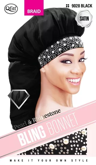 Qfitt™ BRAID BLING SATIN BONNET - PEARL & RHINESTONE