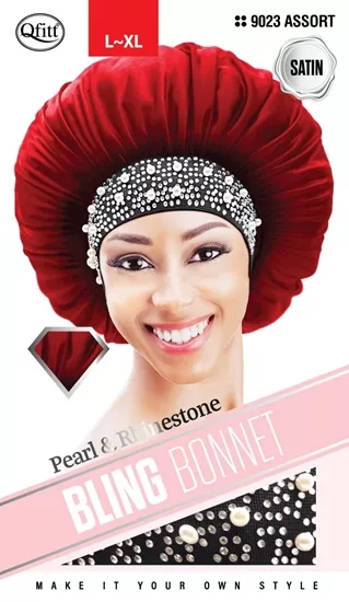 Qfitt™L /XL BLING SATIN BONNET - PEARL & RHINESTONE