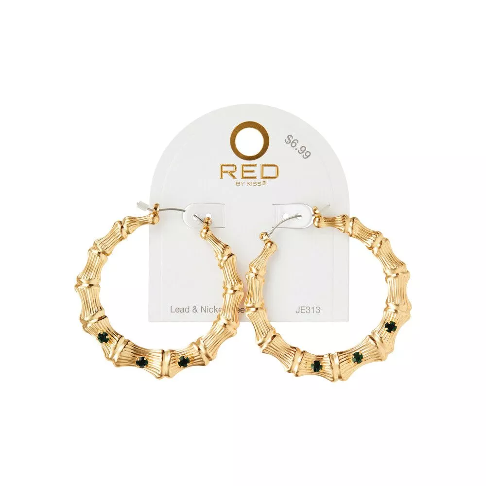 RED BY KISS GOLD PLATED BAMBOO 3 EMRD STONEEARRINGS 55MM - JE313