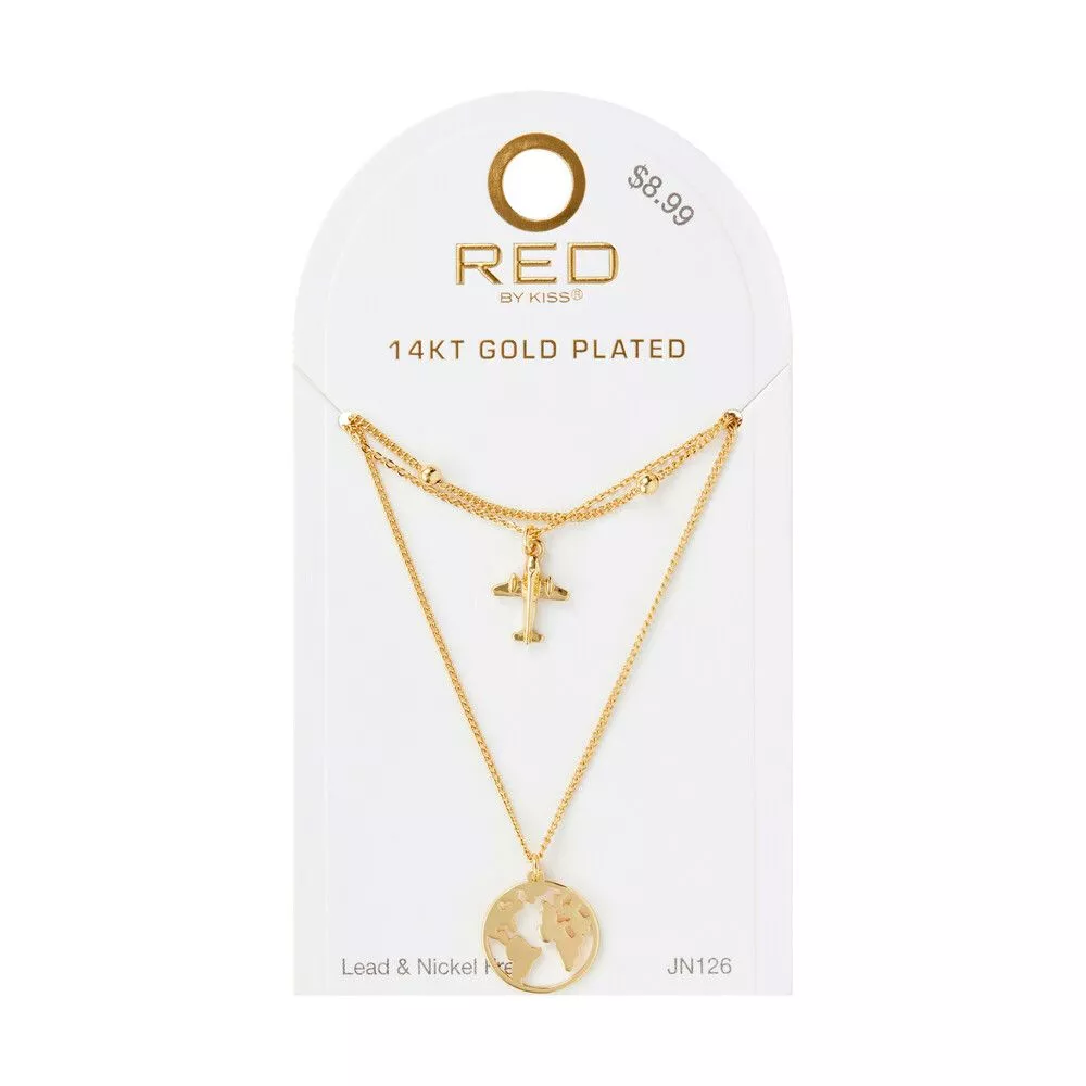RED BYKISS 14K GOLD PLATED GLOBE 3 LAYERED NECKLACE - JN126