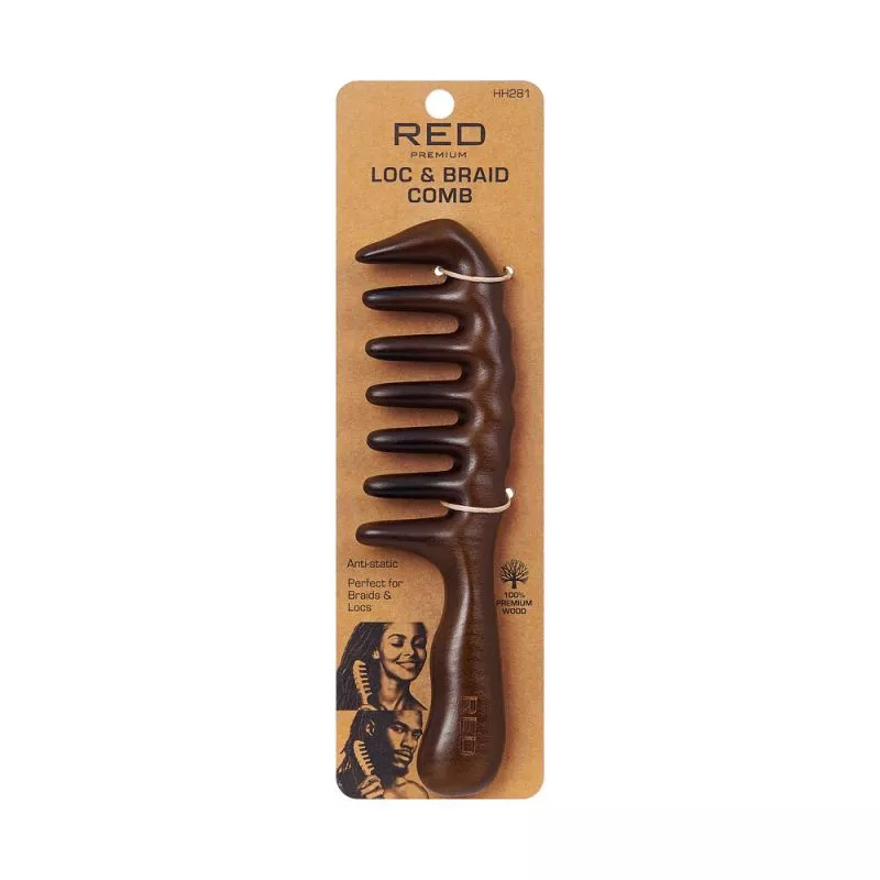 RED PREMIUM BY KISS 100% PREMIUM WOODEN LOC & BRAID COMB WITH HANDLE - HH281