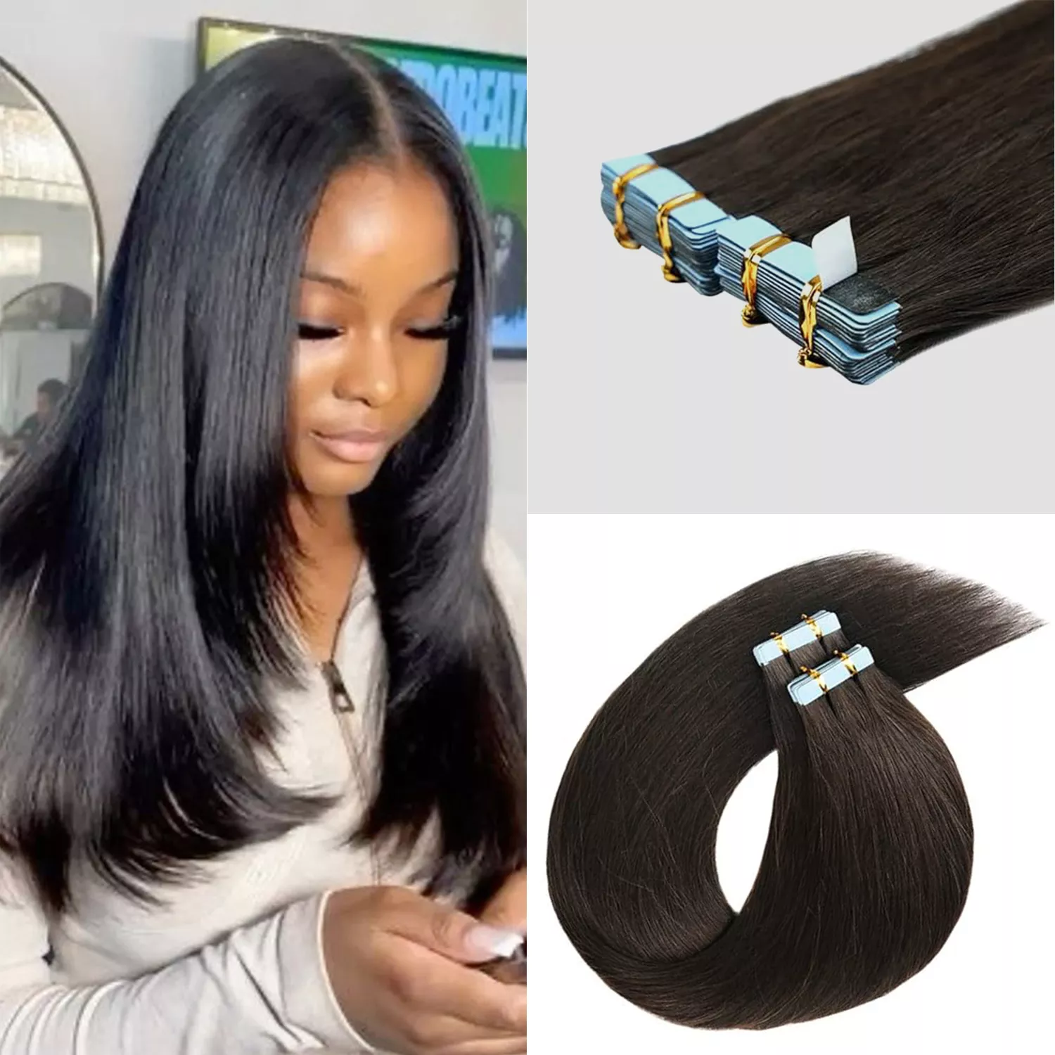 Uniq 100% Human Hair Tape In Extensions Straight #1B