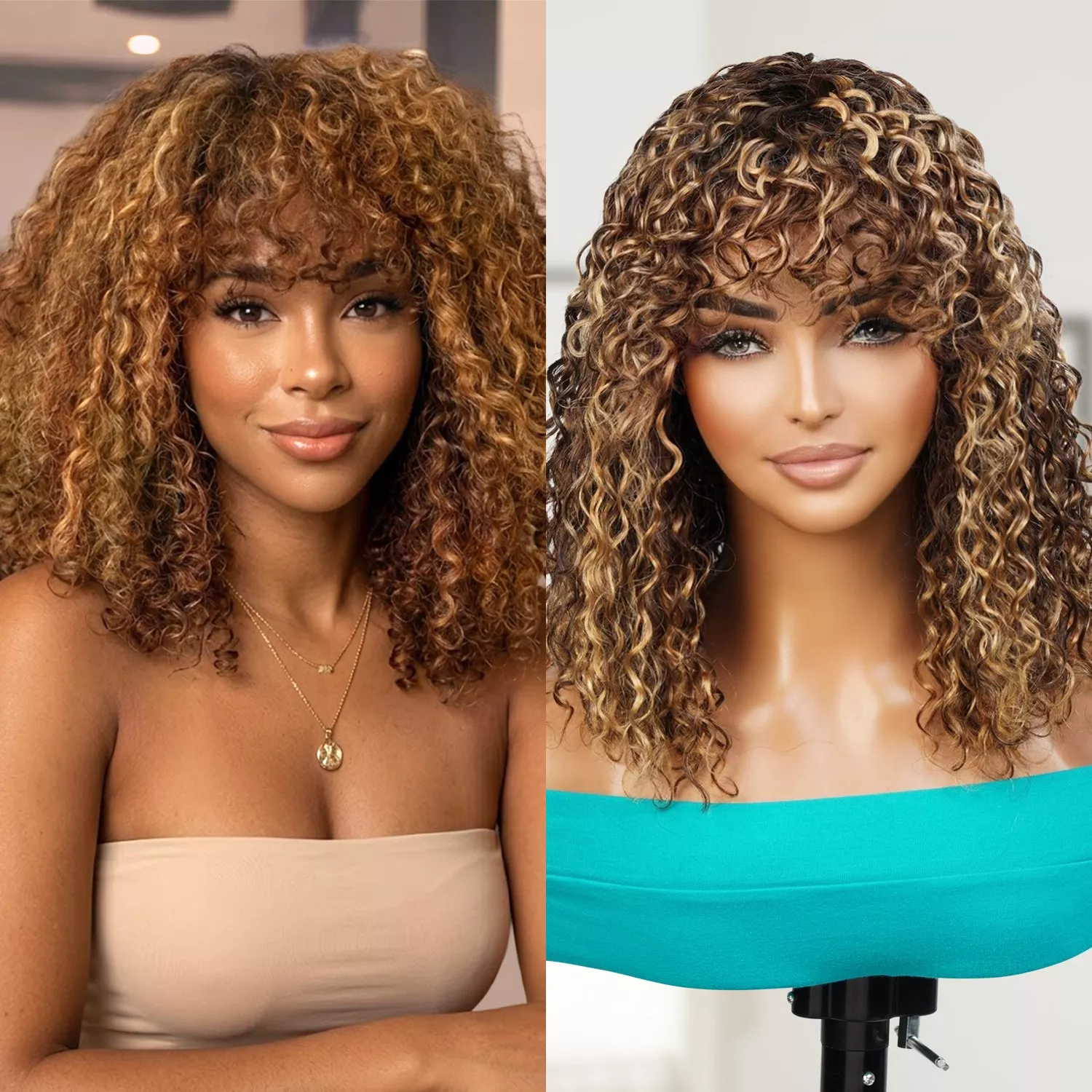 UpScale 100% Human Hair Balayage Blonde Highlight Short Curly Bob Wig 14"