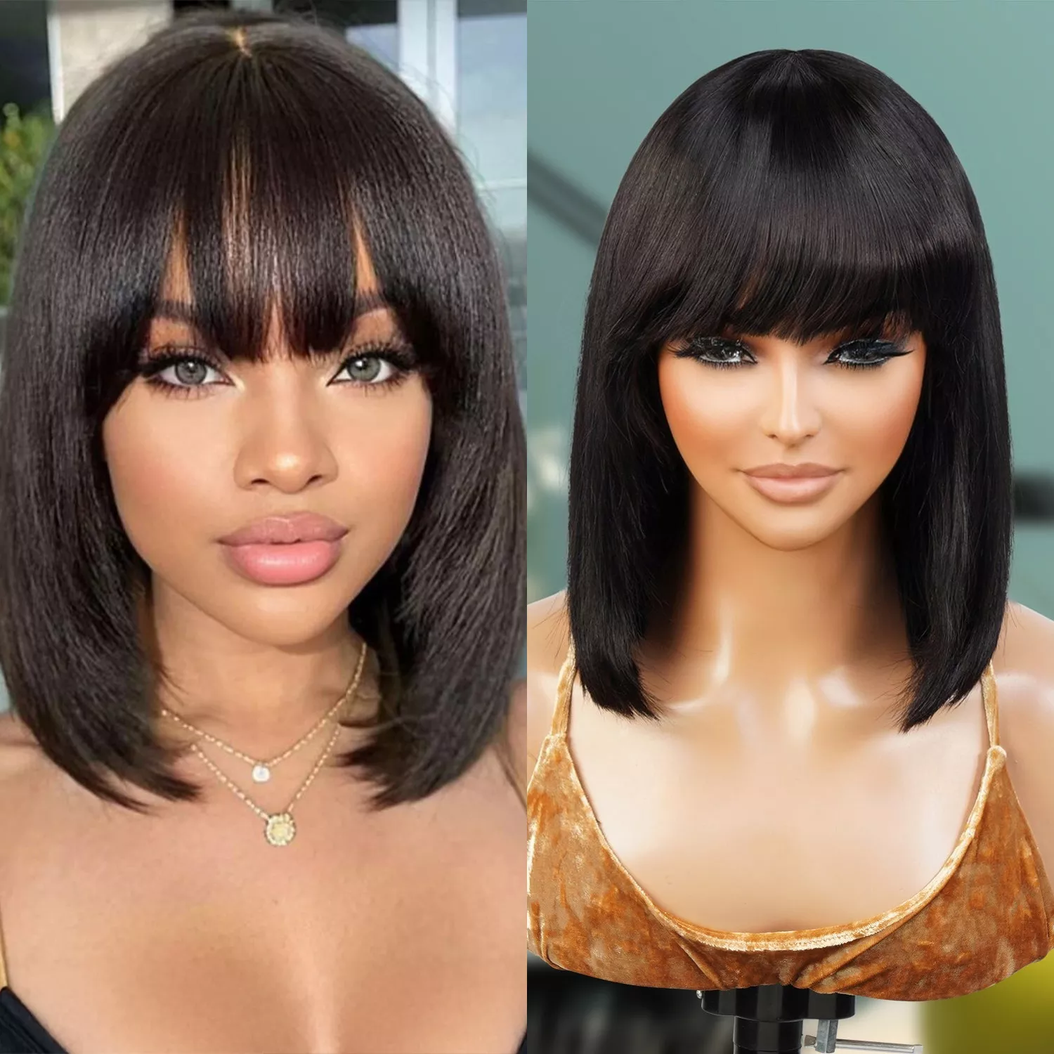 UpScale 100% Human Hair Short Bob Wigs with Bang 12"